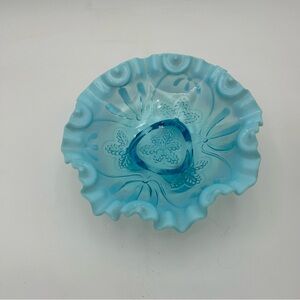Vintage Jefferson Glass Meander Pattern Blue Opalescent Footed Bowl